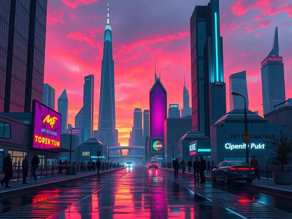 Cyberpunk Cityscape at Dusk, in a Synthwave Aesthetic
