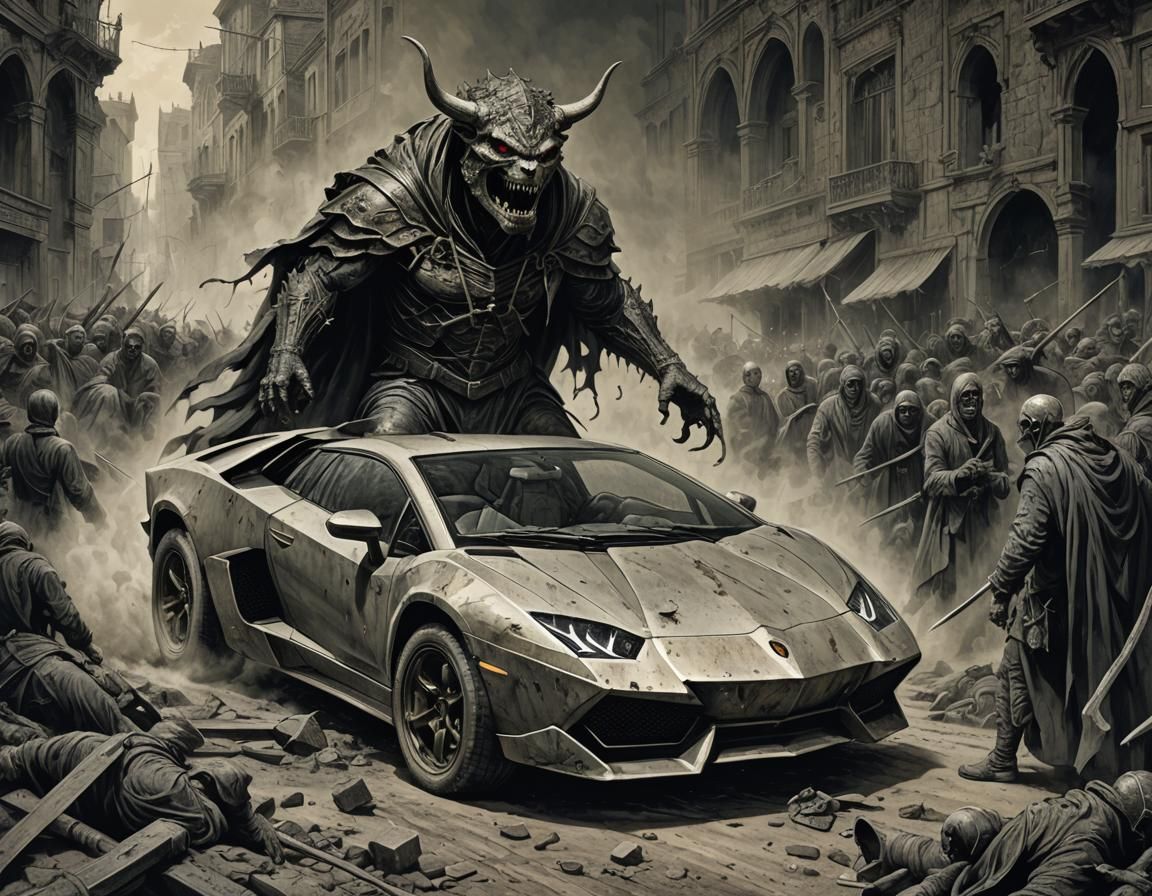 Lamborghini Horror in Gustave Doré Style
