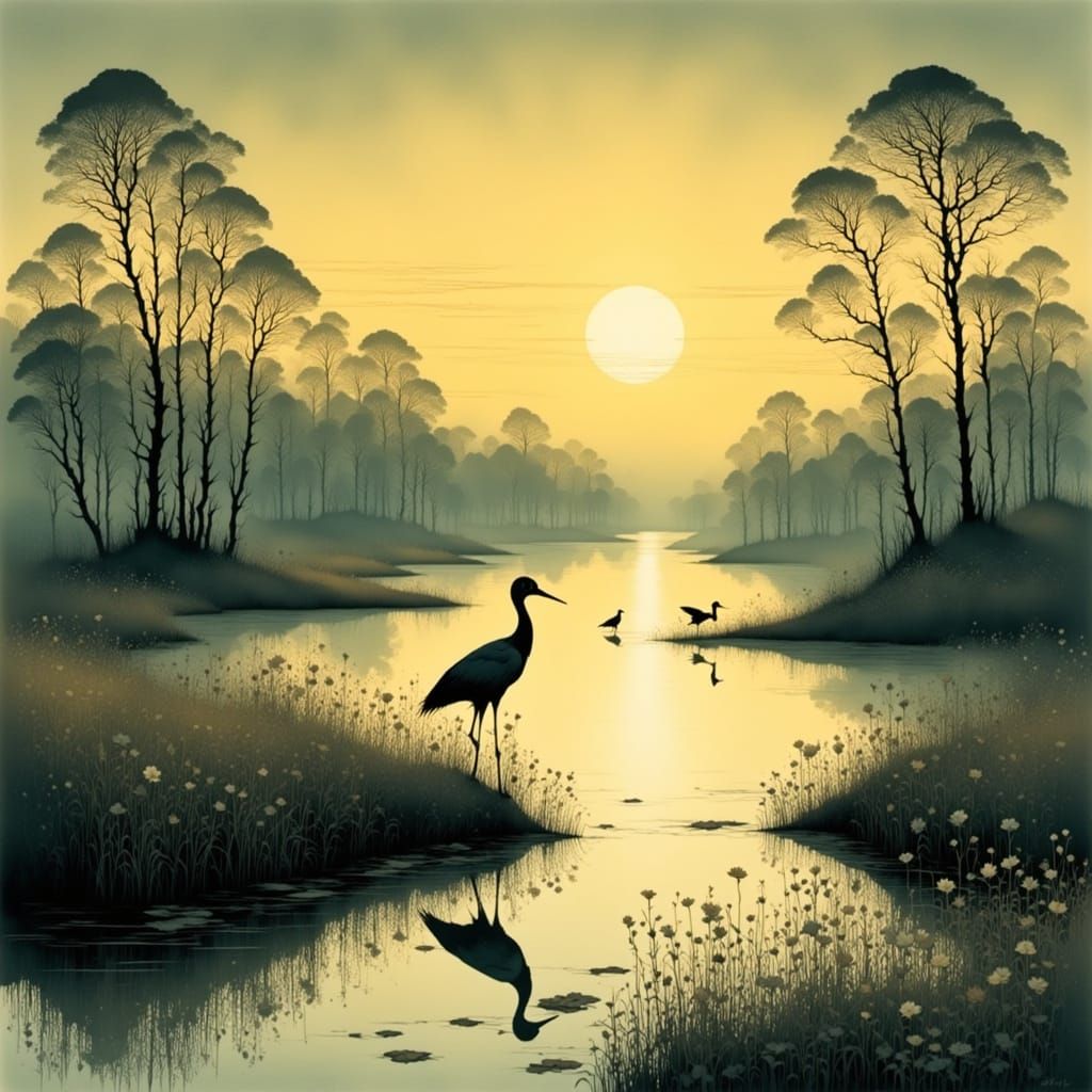 Crane Birds in a Moonlit Landscape
