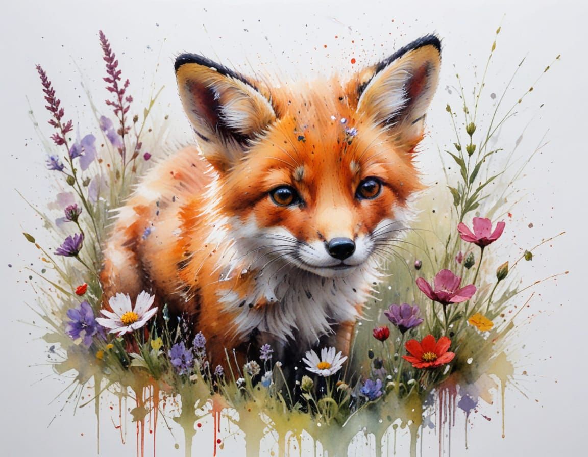 Red Fox Cub Sniffs Dewy Wildflower in Watercolour Style