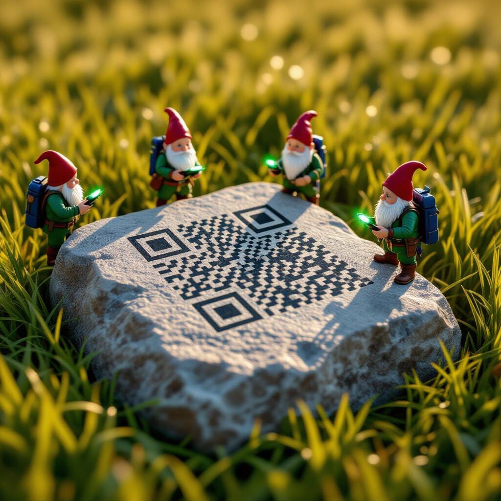 QR Code Stone with Gnome-like Figures in Hyper-Realistic Sce...