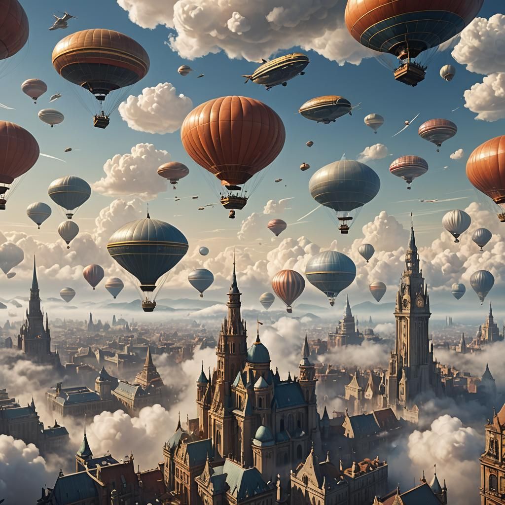 Futuristic Floating City with Blimps in Atmospheric Clouds