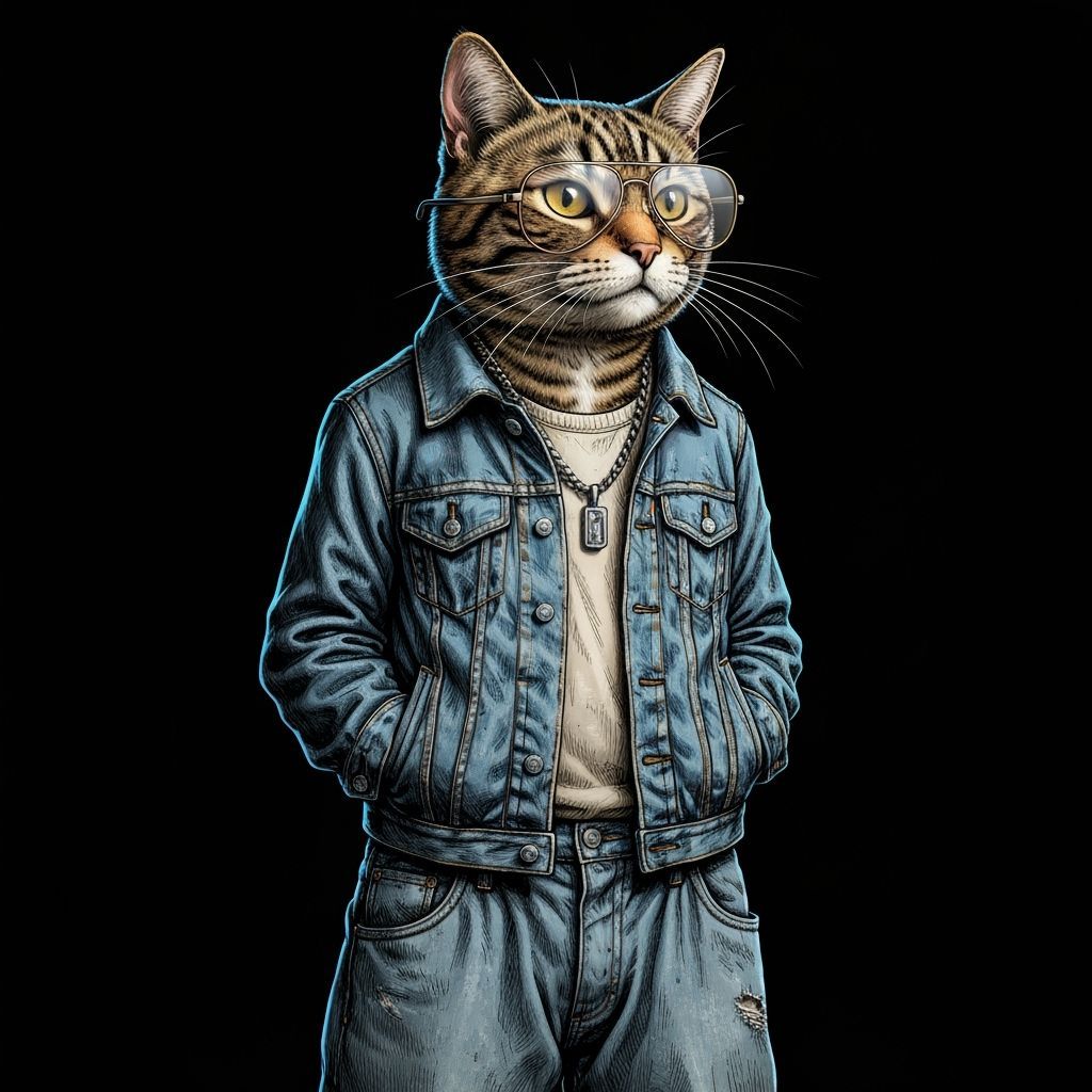 Urban Cat in Aviator Glasses, Hand-Drawn Style