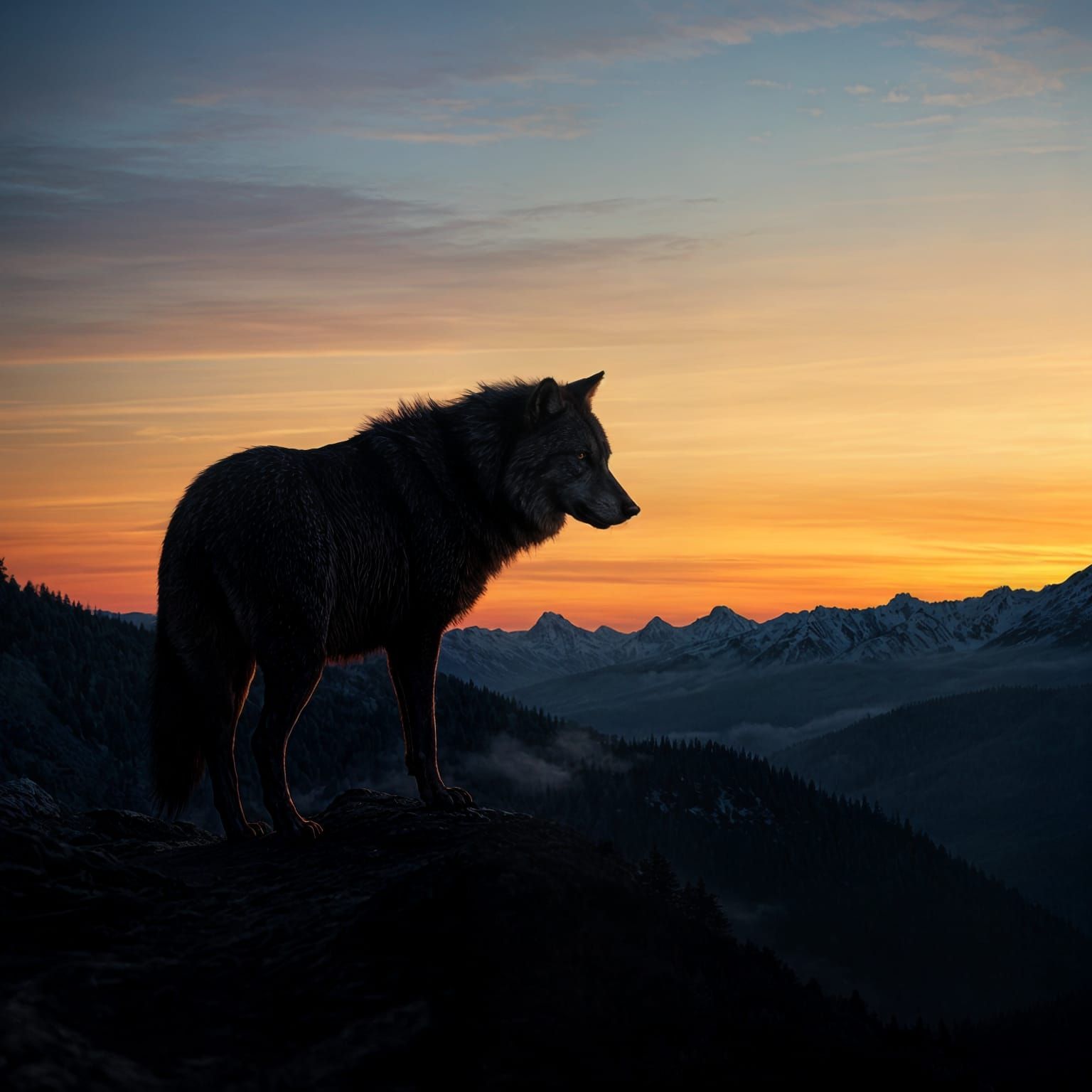 Wolf Silhouette in Twilight Mountain Landscape