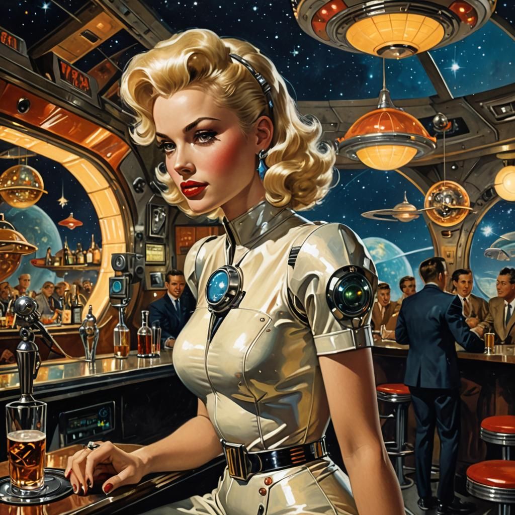 Retrofuturistic Singer in Space Station Bar