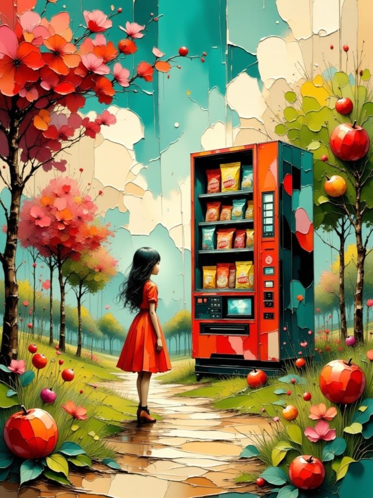 Futuristic Vending Machine in Blooming Orchard