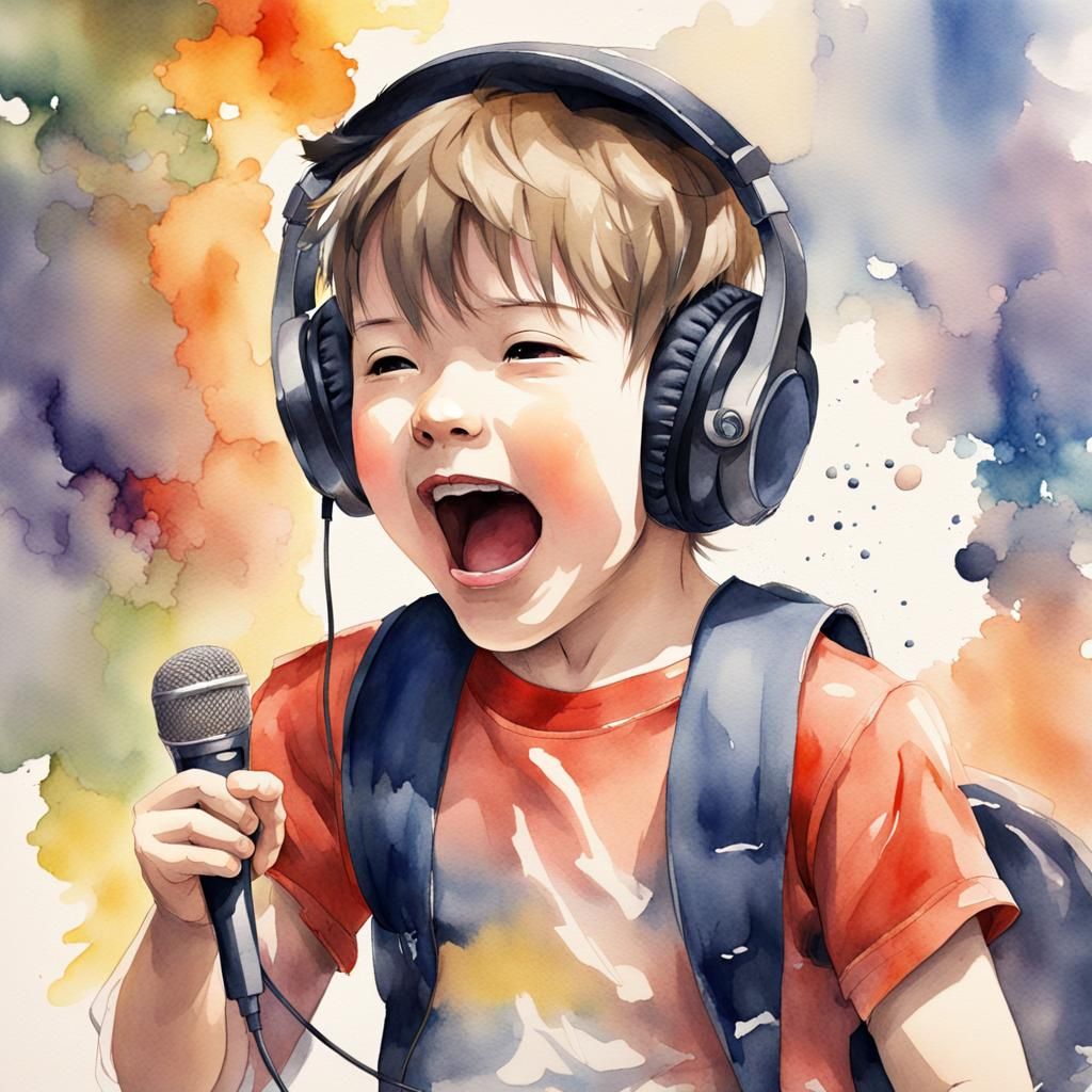 Anime-Style Watercolor of Boy Singing