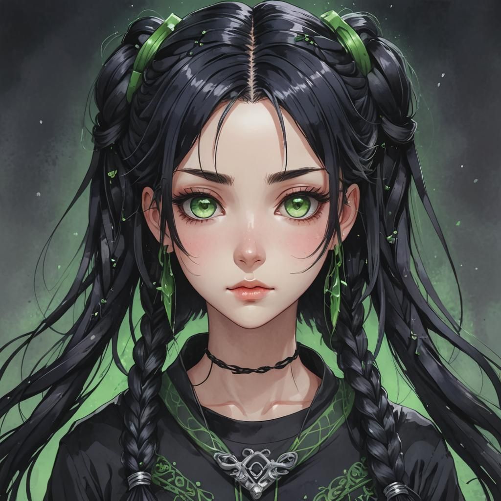 Anime Goth Girl Portrait with Braids in Pastel Colors