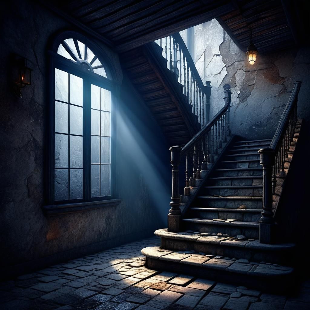 Winding Staircase with Dim Light in Matte Painting Style