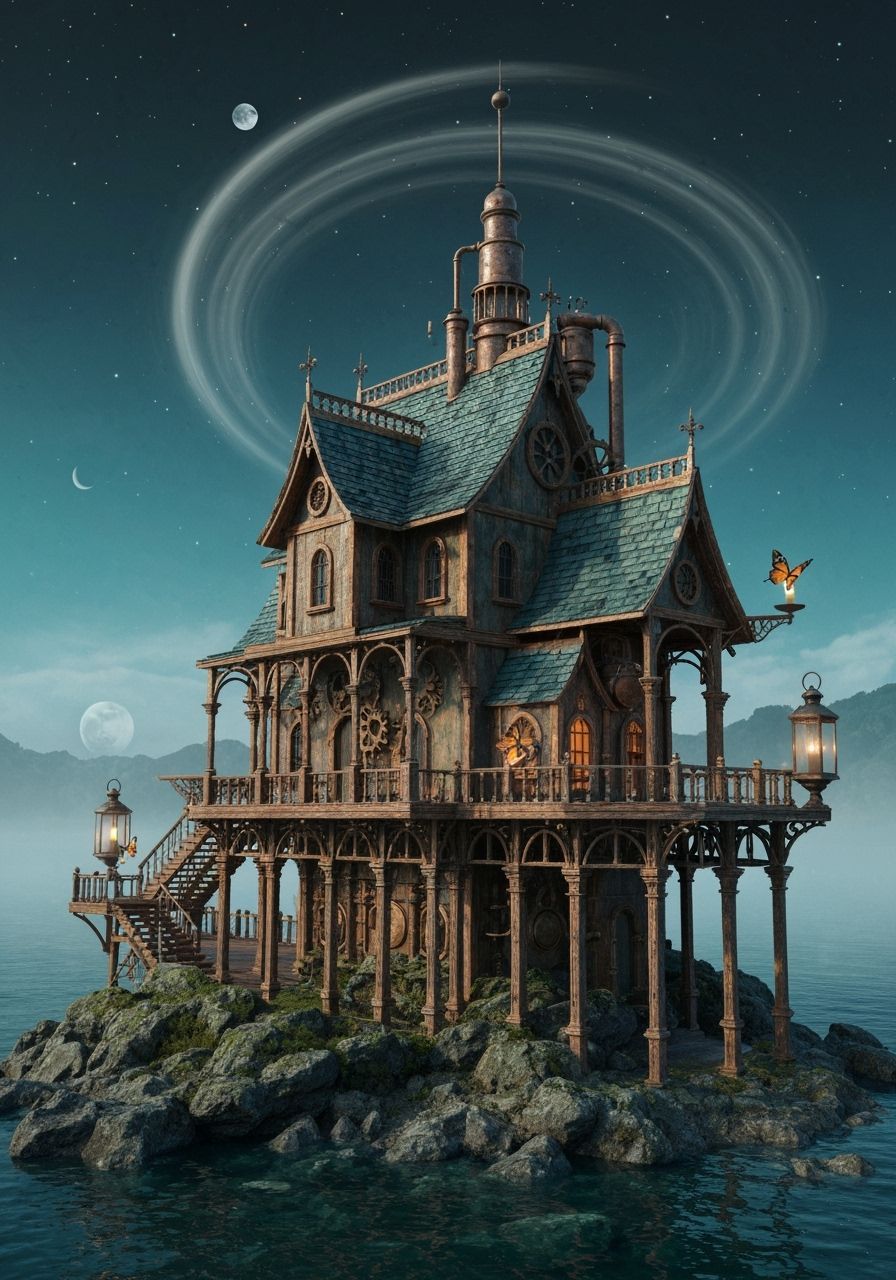 Steampunk Lighthouse with Bonsai Tree and Marble