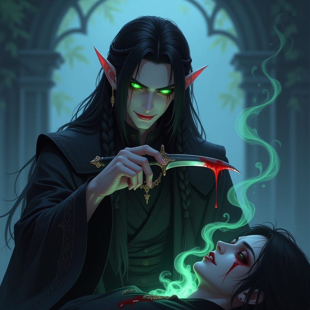 Anime Elf Necromancer Midst Ritual in Dark Fantasy Style