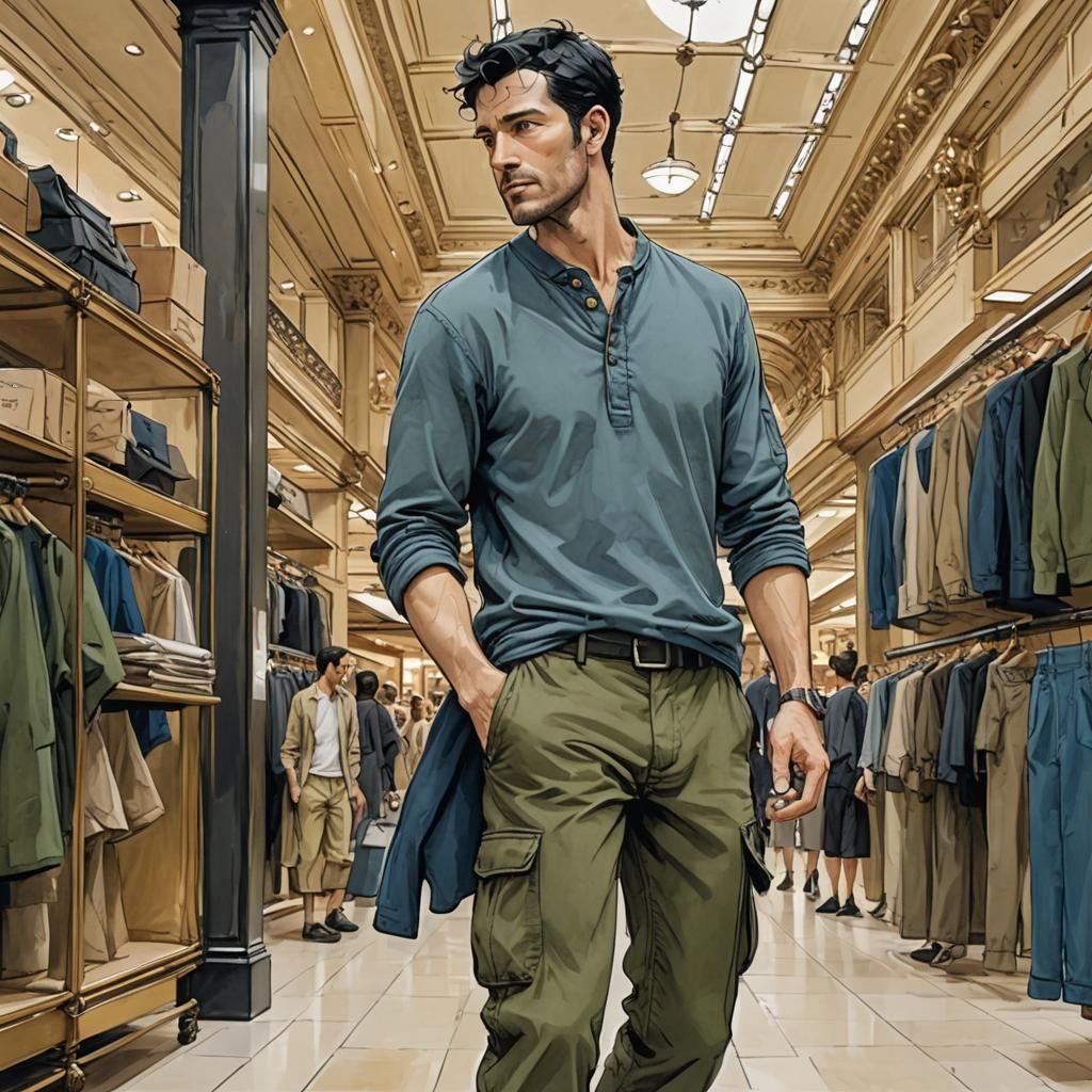 Man in Blue Shirt Shopping, Bande Dessinées Style