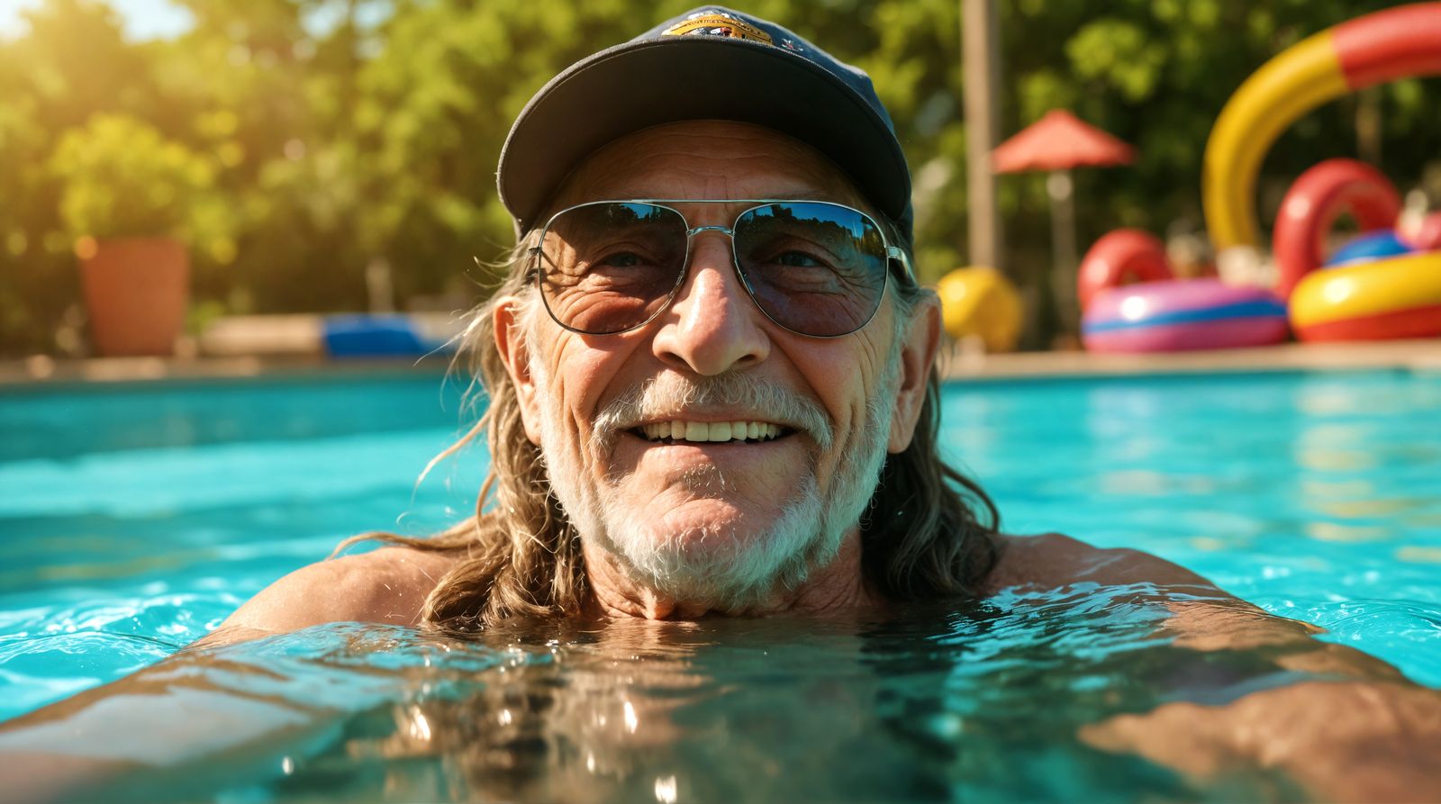 Willie Nelson Smiling in a Sunny Pool