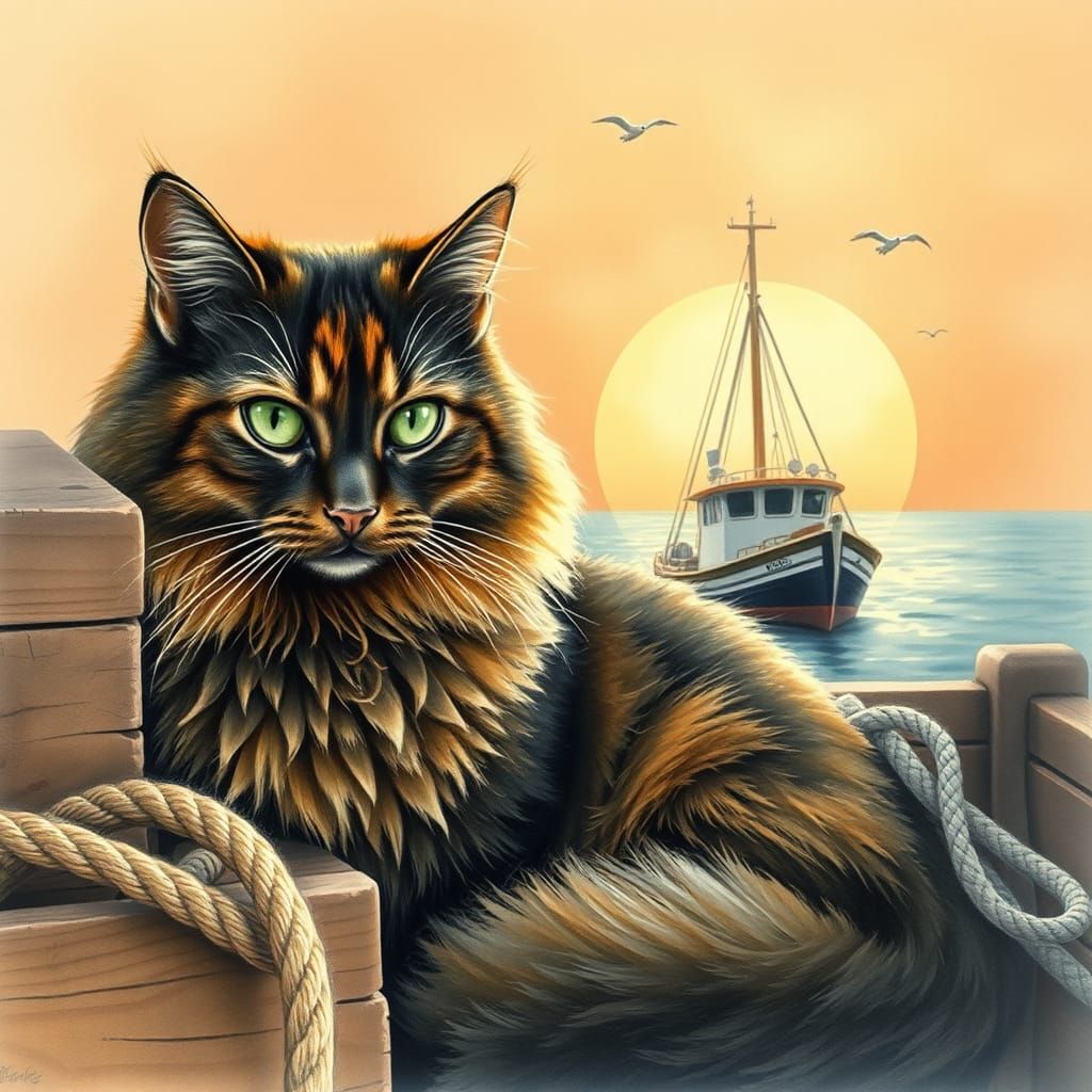 Tortoiseshell Cat at Maine Harbor: Watercolor and Ink