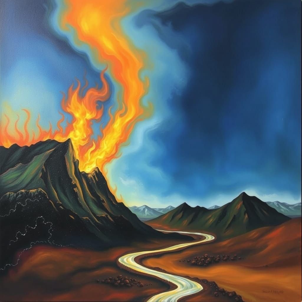 Mountains Ablaze: Surreal Oil Painting in Dali Style