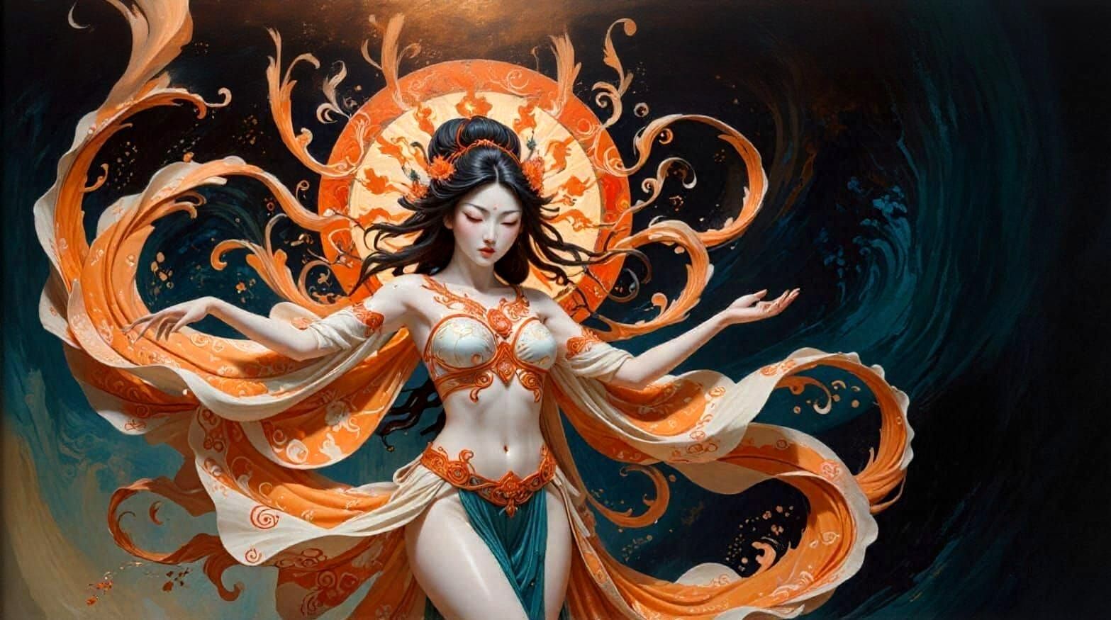 Amaterasu's Divine Dance: Neo-Impressionist Oil Painting