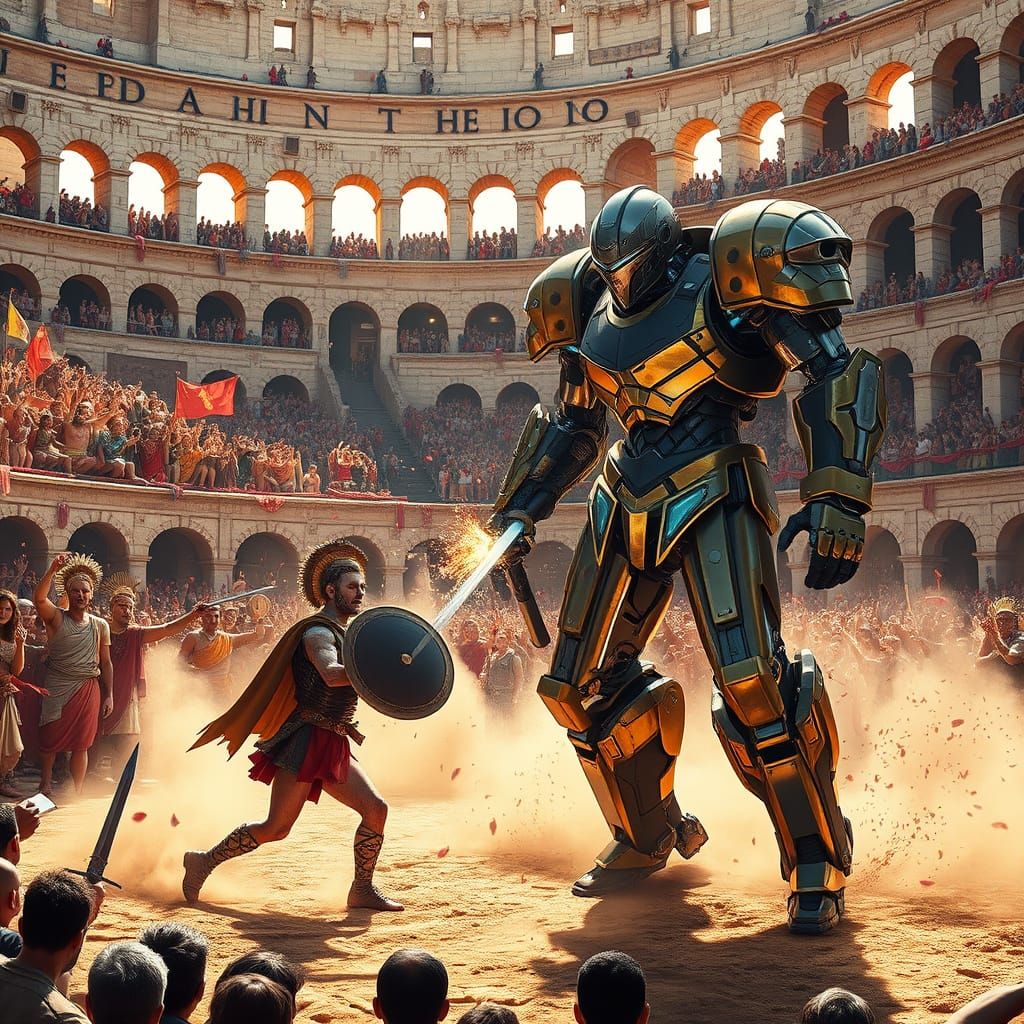 Gladiator vs Mech in Roman Colosseum