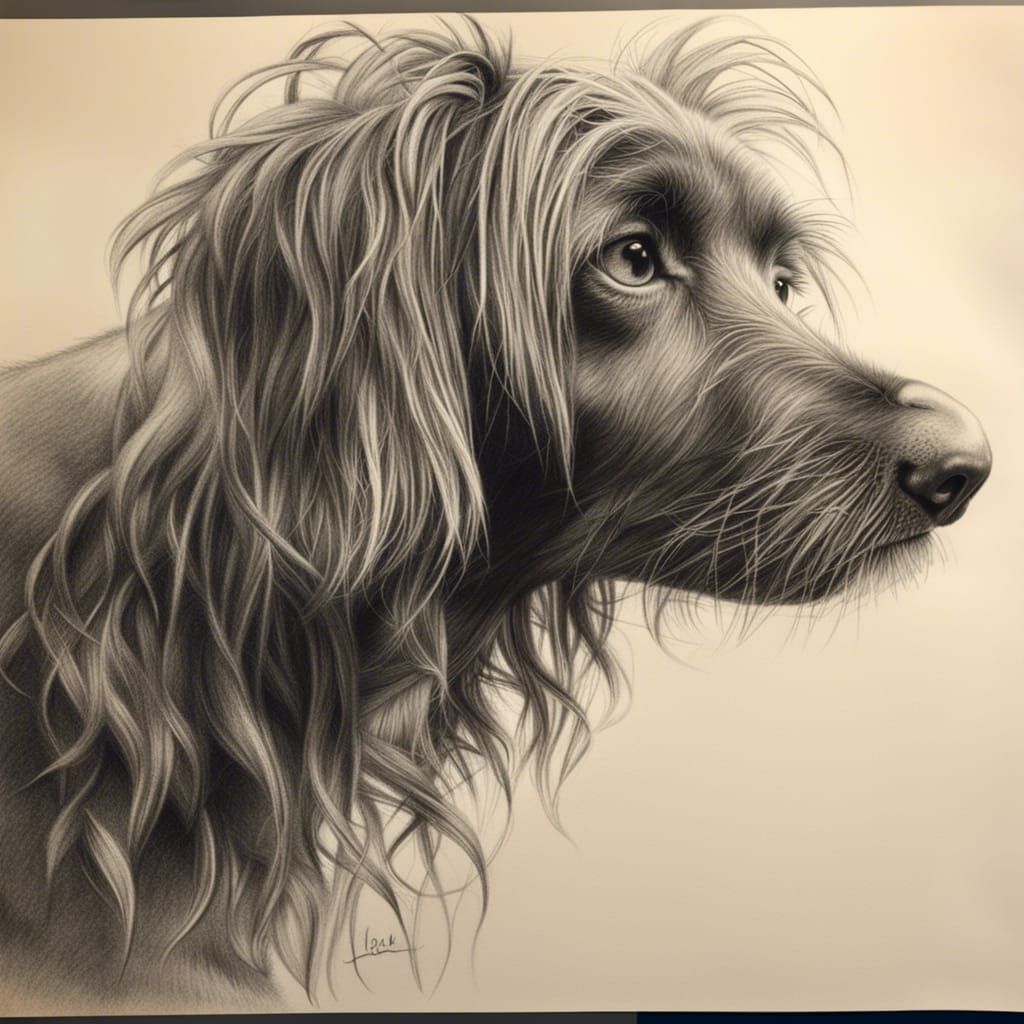 Detailed Charcoal Drawing of a Dog Under Dryer