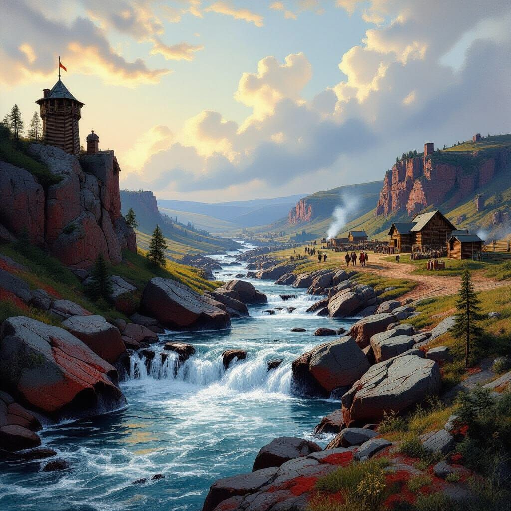 Dramatic River Crossing Landscape Painting