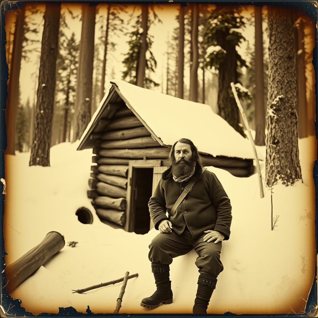 Bigfoot and Trapper Daguerreotype in Snowy Oregon
