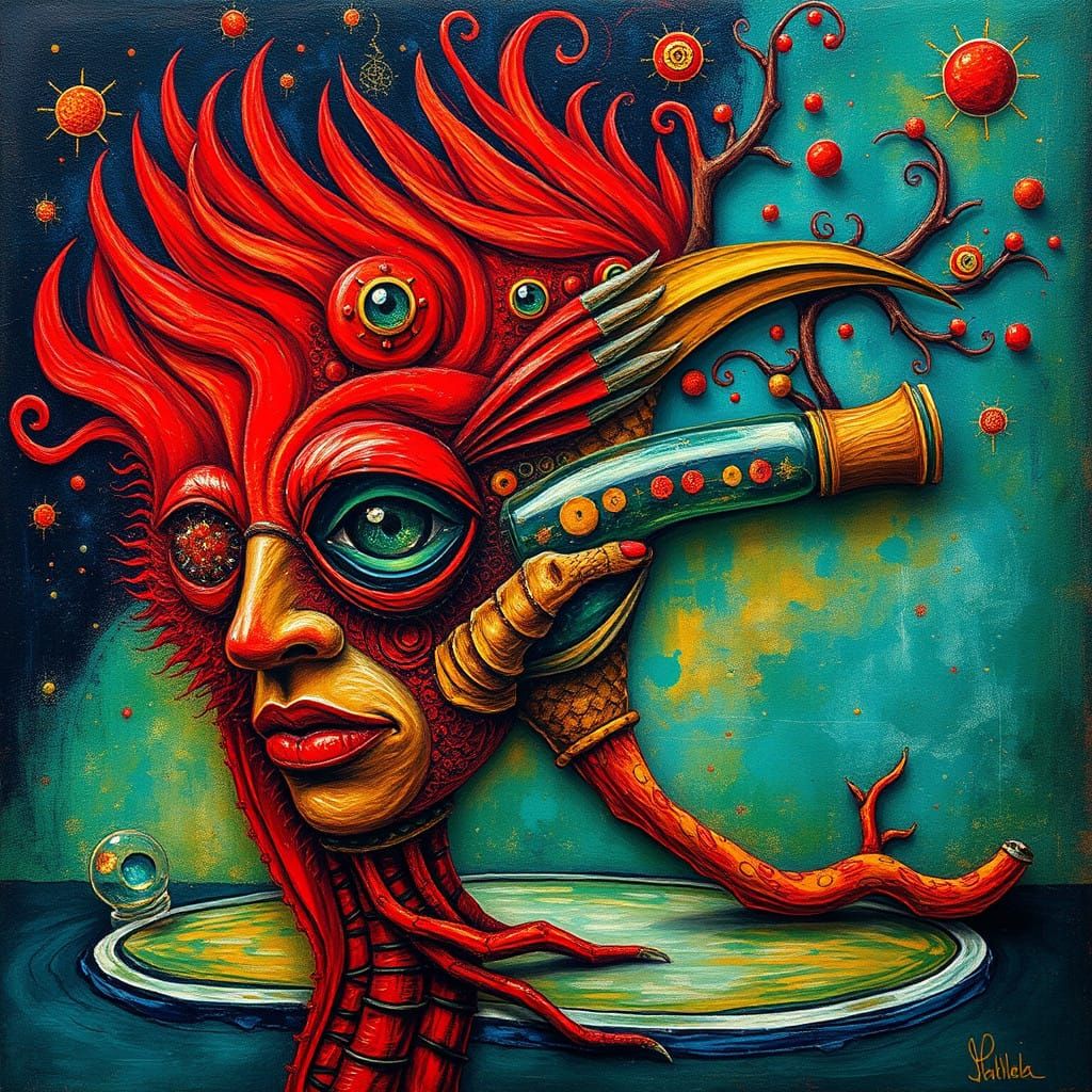 Surrealist Oil Painting of a Message in a Bottle with Whimsi...