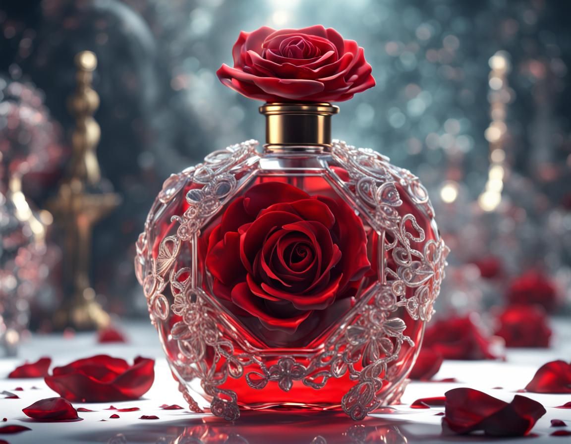 Red Rose and Crystal Perfume Bottle in Detailed Painting