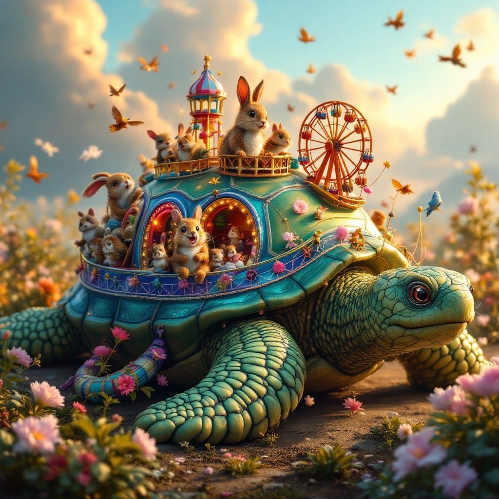Vibrant Turtle Amusement Park Shell in Whimsical Style