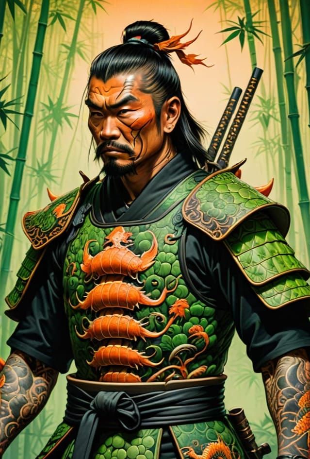 Tattooed Samurai Warrior in Neon Bamboo Forest