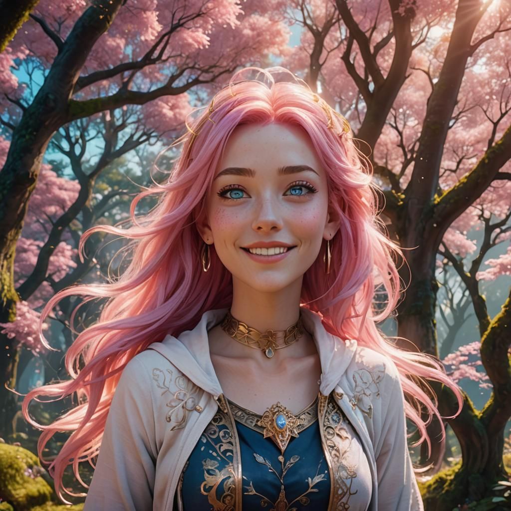 Anime Girl with Pink Hair in Fantasy Setting
