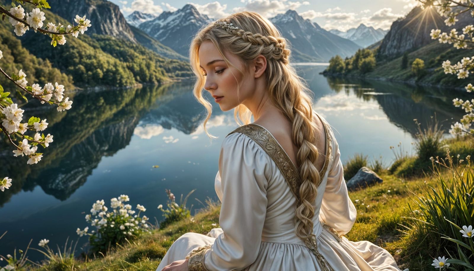 Lonely Noblewoman in Medieval Dress Overlooking a Lake