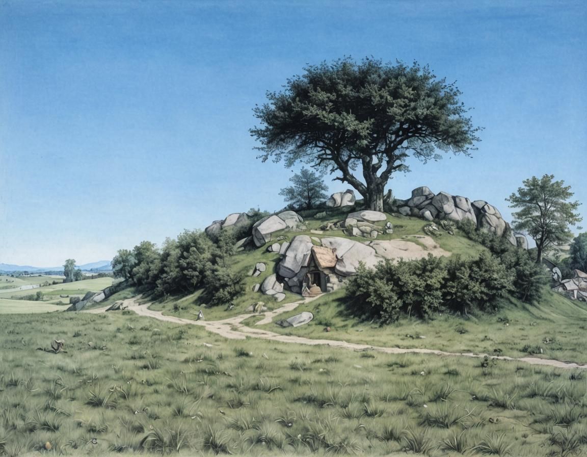 Detailed Charcoal Drawing of a Hill in Black and White