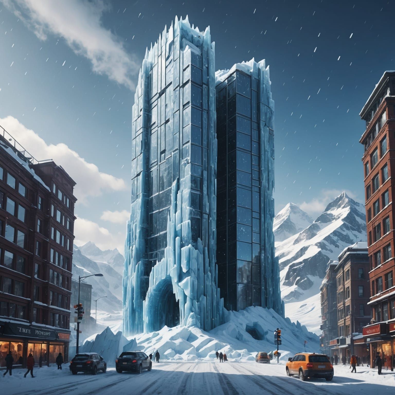 (Massive Ice structure Skyscrapers built in the Antarctica and snow is falling on them:20.0x).