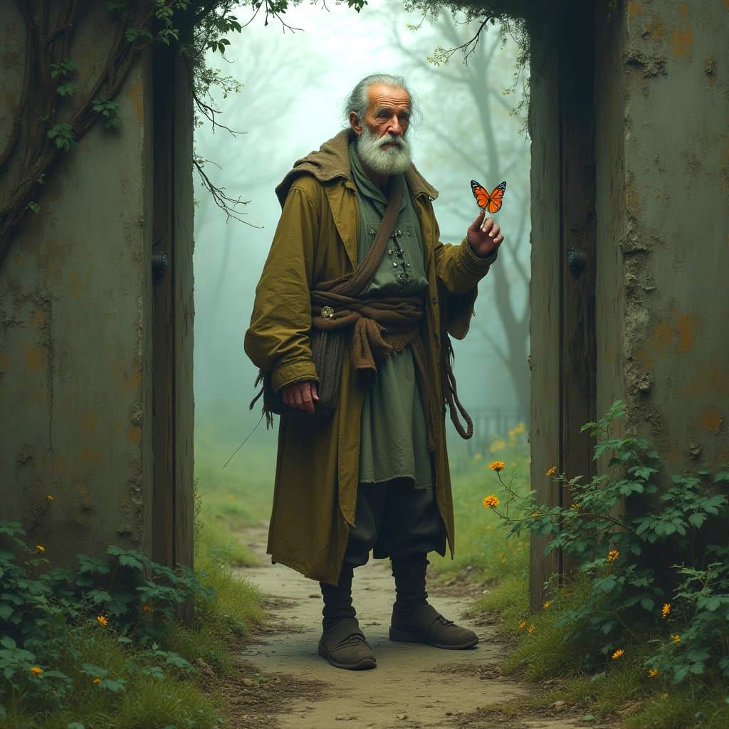 Elderly Man's Nostalgic Dream in Misty Landscape