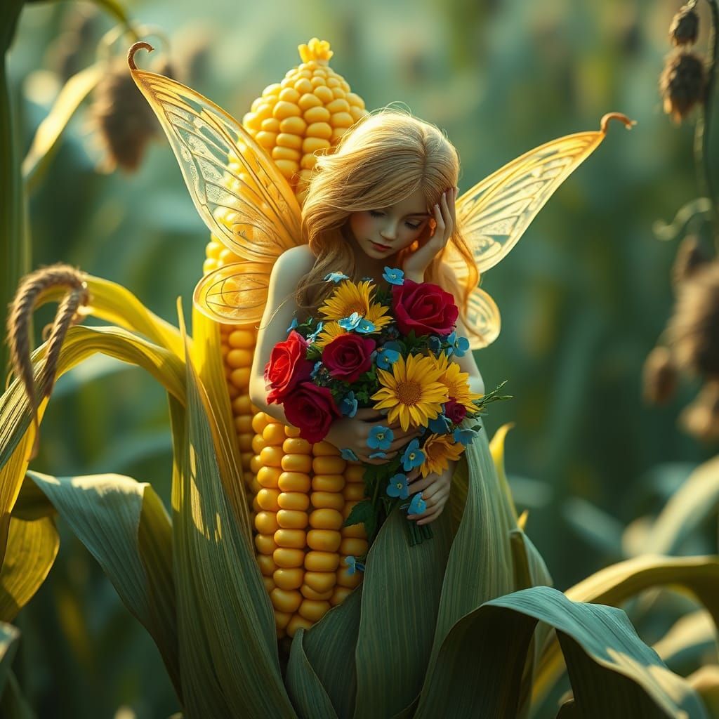 Fairy on Corncob Throne with Flowers