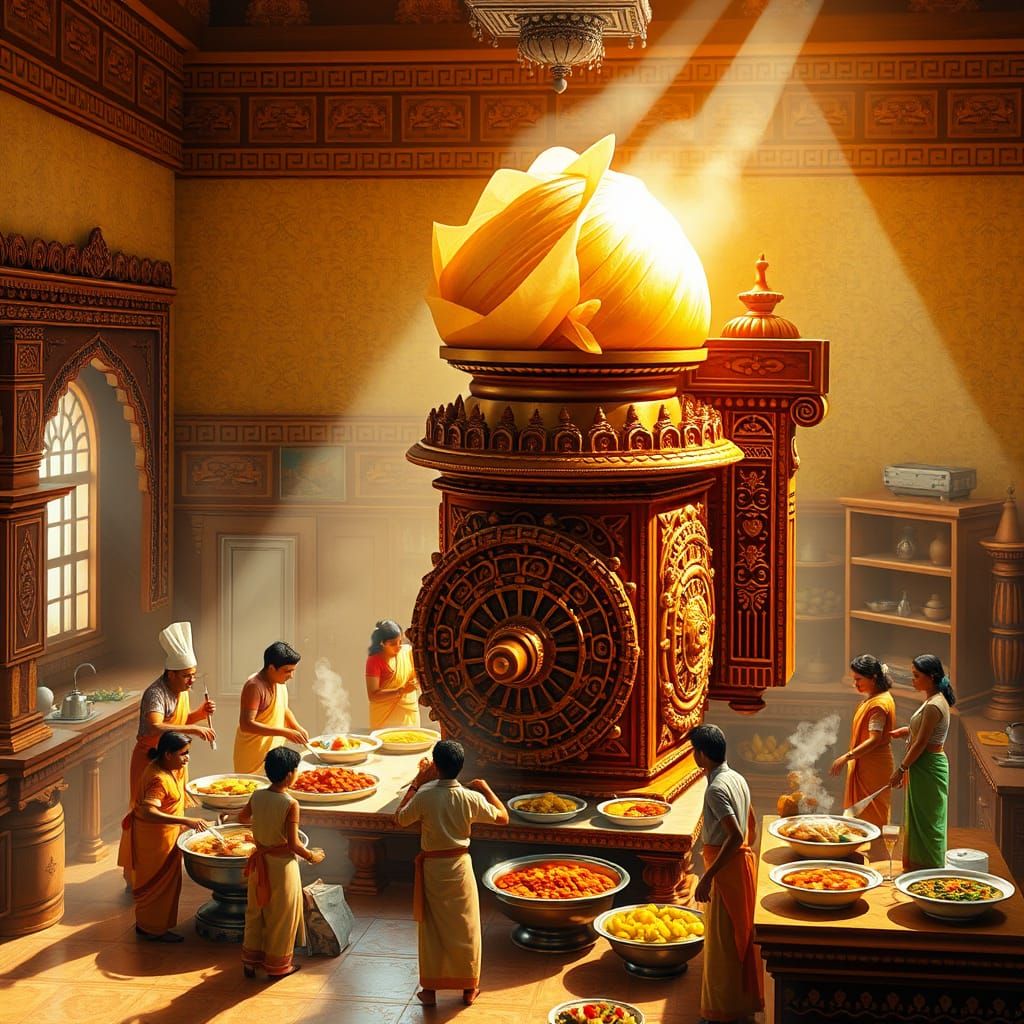 Indian Kitchen Scene with Traditional Dishes and Ancient Arc...