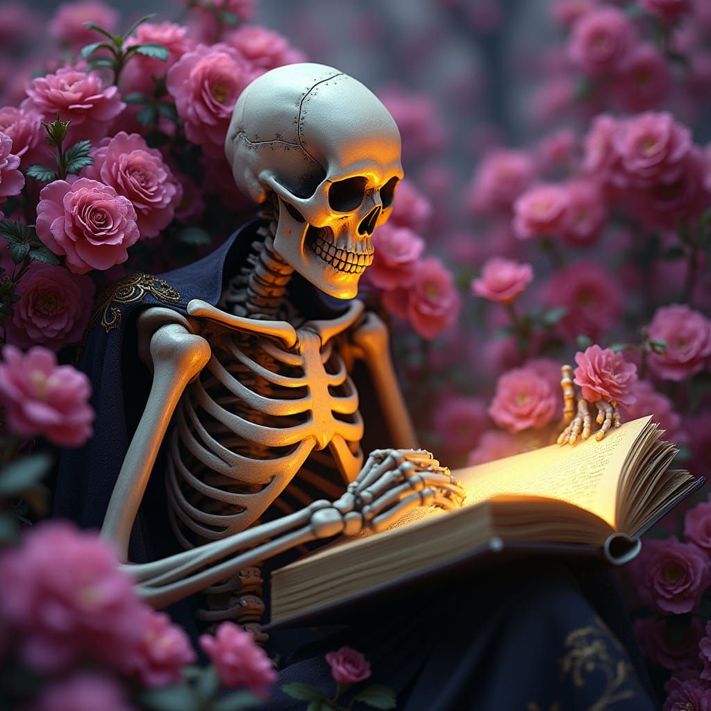 Regal Skeleton Surrounded by Vibrant Pink Flowers in Dark Fa...