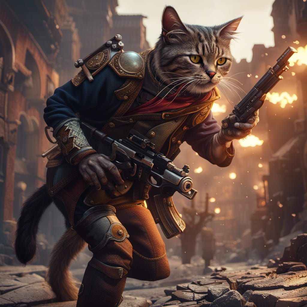 Fantastical Cat Engaged in a Gunfight