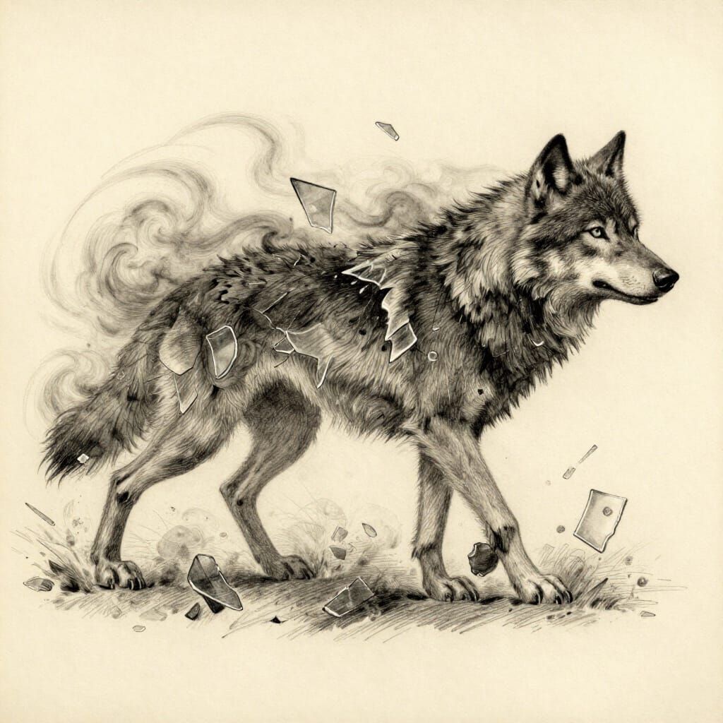 Wolf Silhouette of Mist and Glass in Hand-Drawn Style