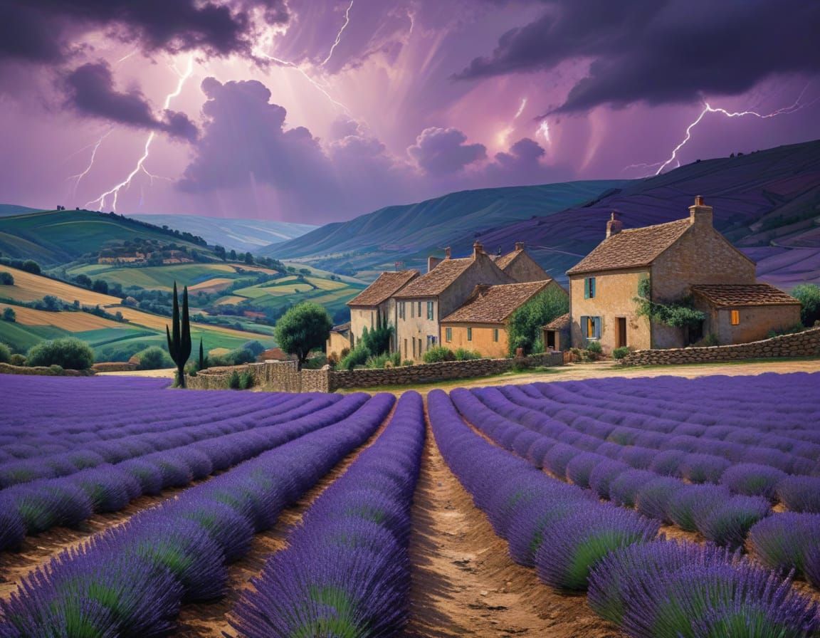 Purple Provençal Village Landscape in Impasto Style