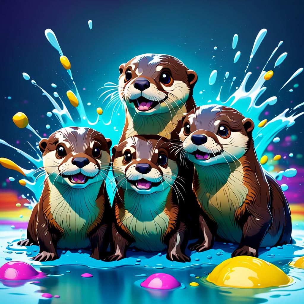 Playful Otters in Colorful 3D Digital Graffiti Art
