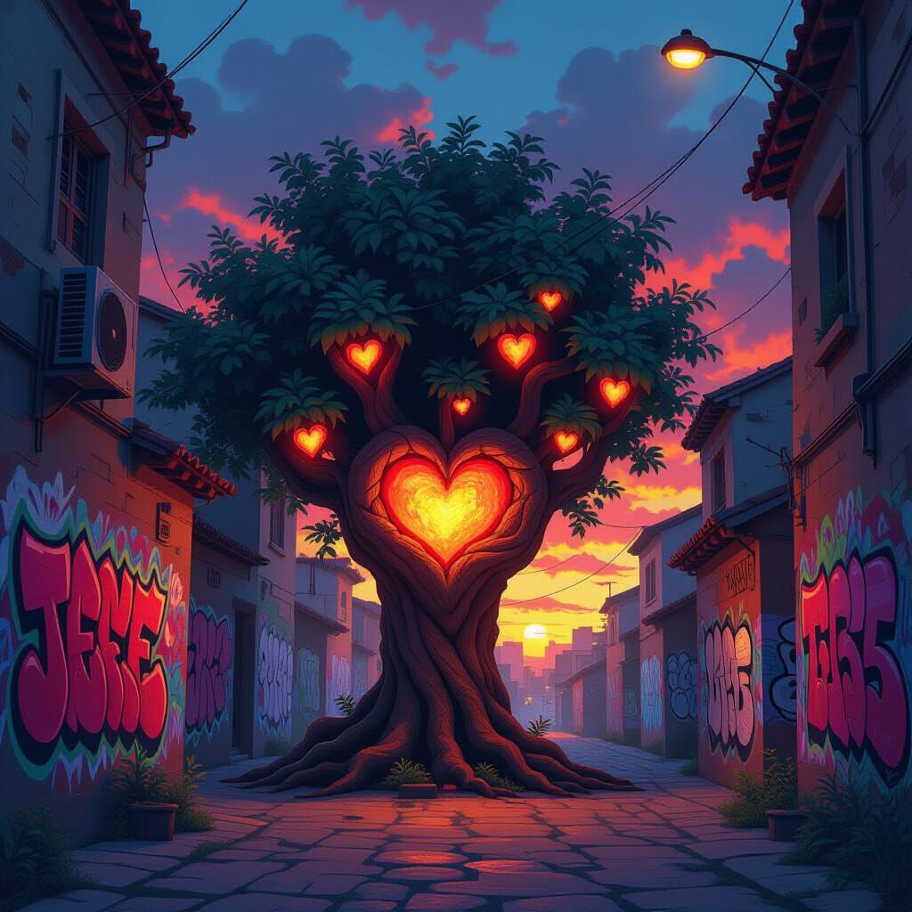 Magical Tree in Graffiti Alley at Sunset, Concept Art Style
