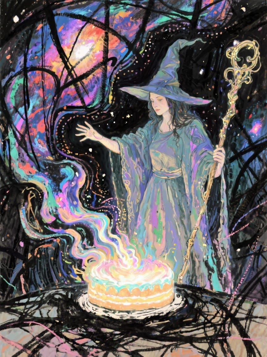 Witch Conjures Luminous Cake in Abstract Expressionist Style