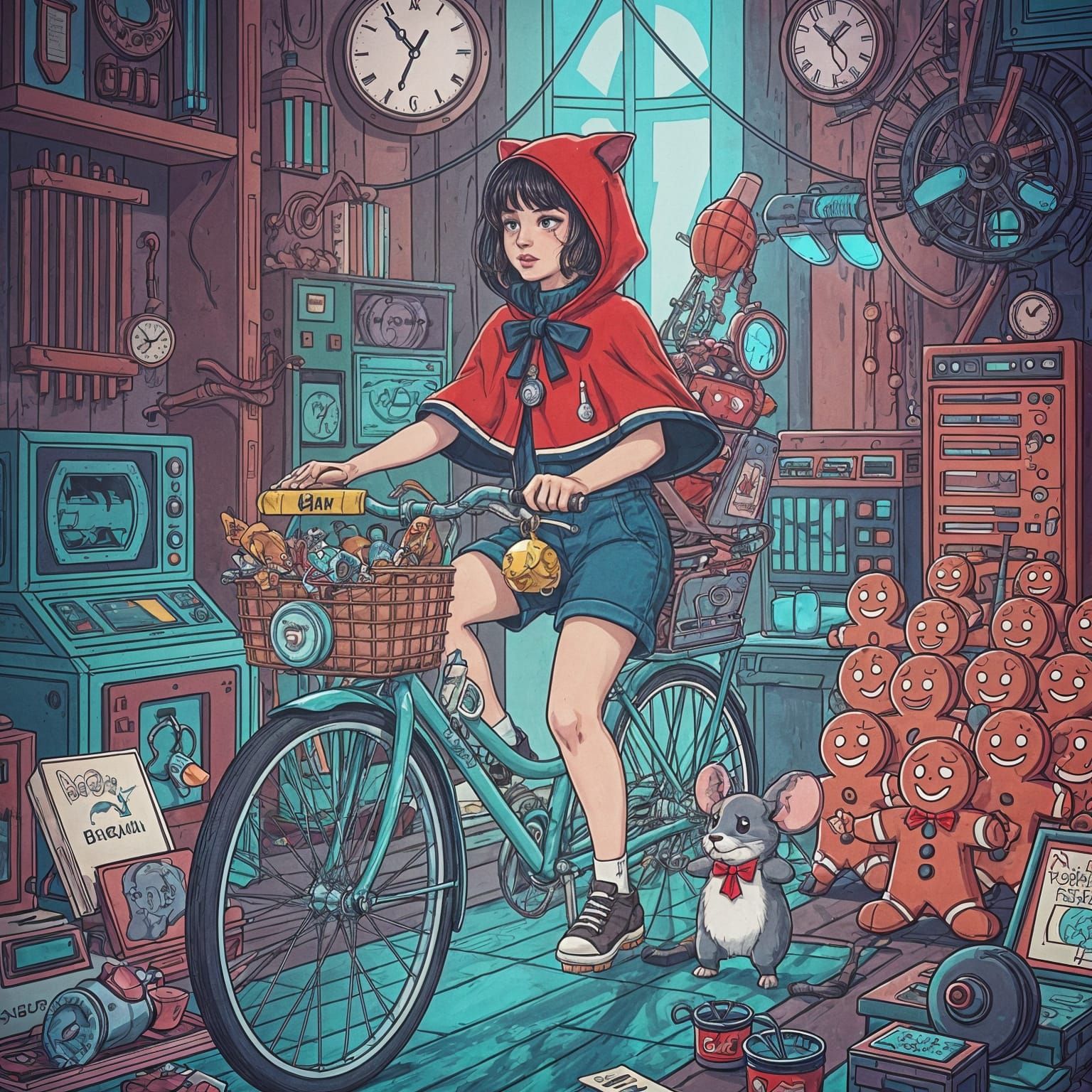 Girl Rides Synthwave Bike in Retro Scene