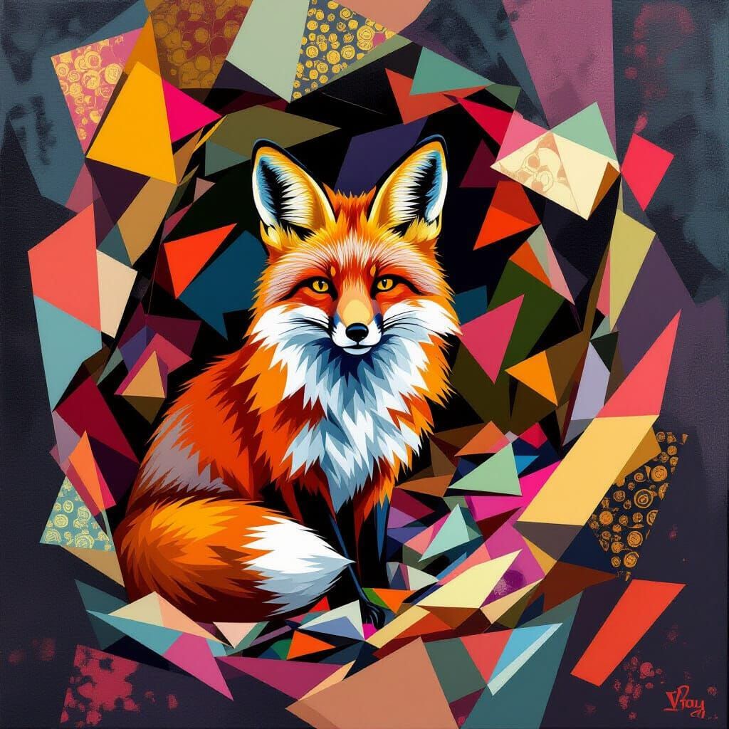 Fox in Cluttered Henhouse - Cubist Maximalist Painting