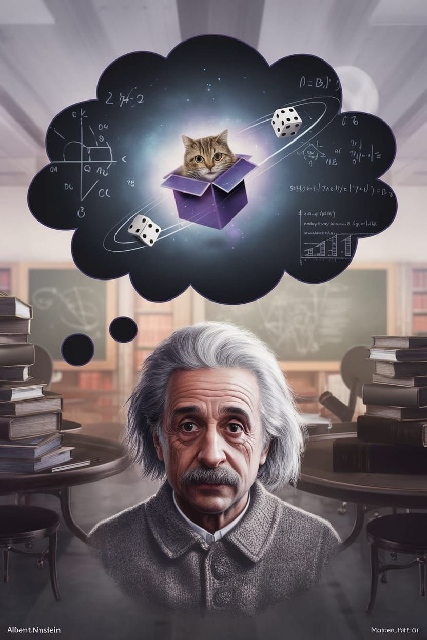 Einstein and Schrödinger's Cat: 8K Concept Art