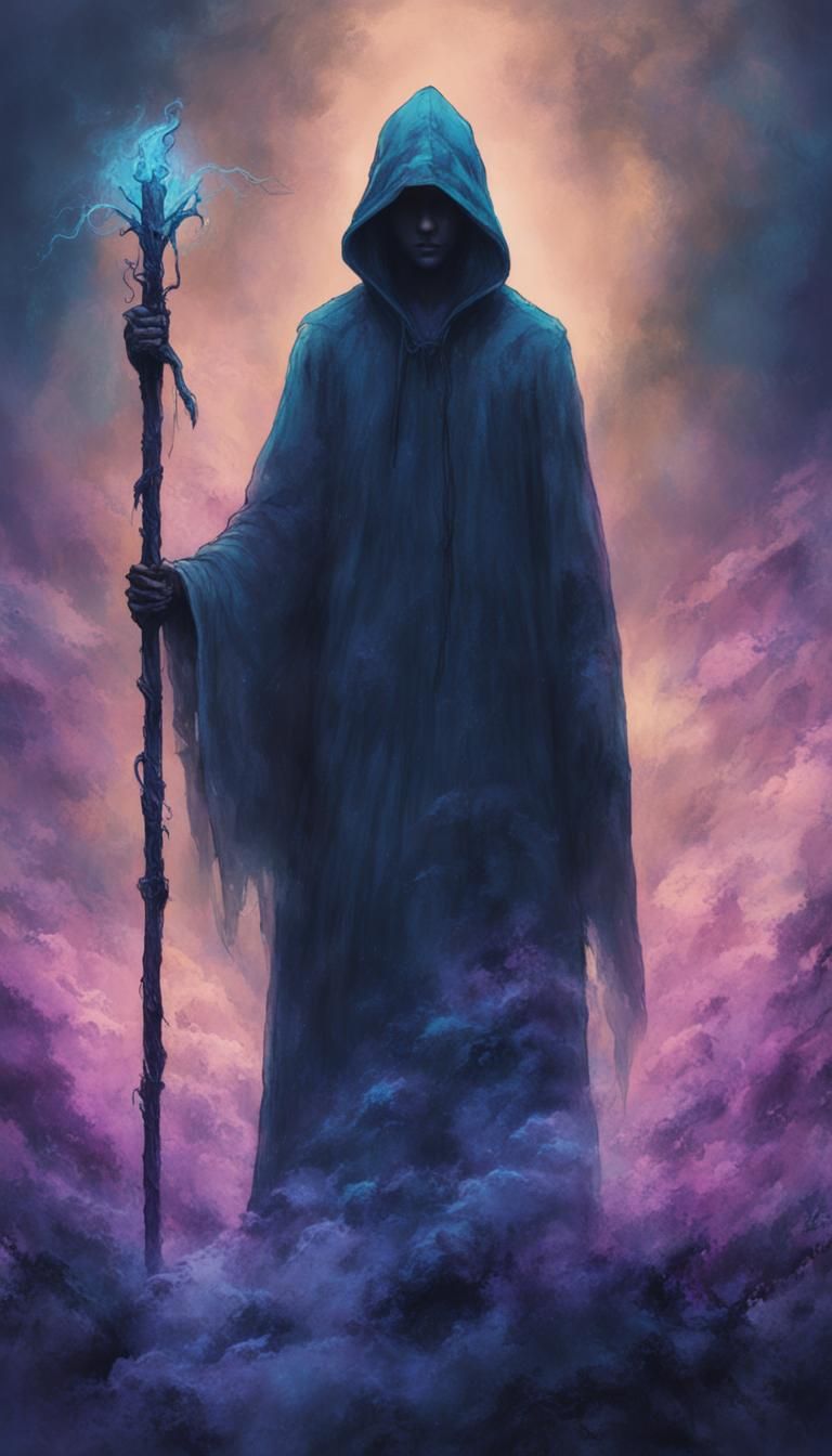 Mystical Hooded Figure Casting Spell in Dark Fantasy Style