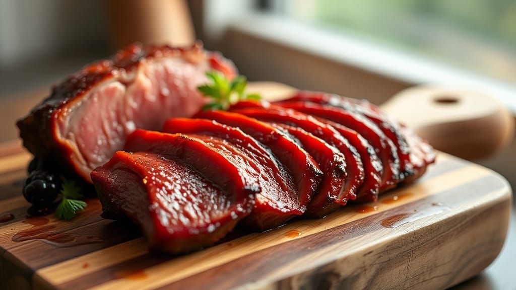 Glazed Char Siu with Loganberries on Wooden Board