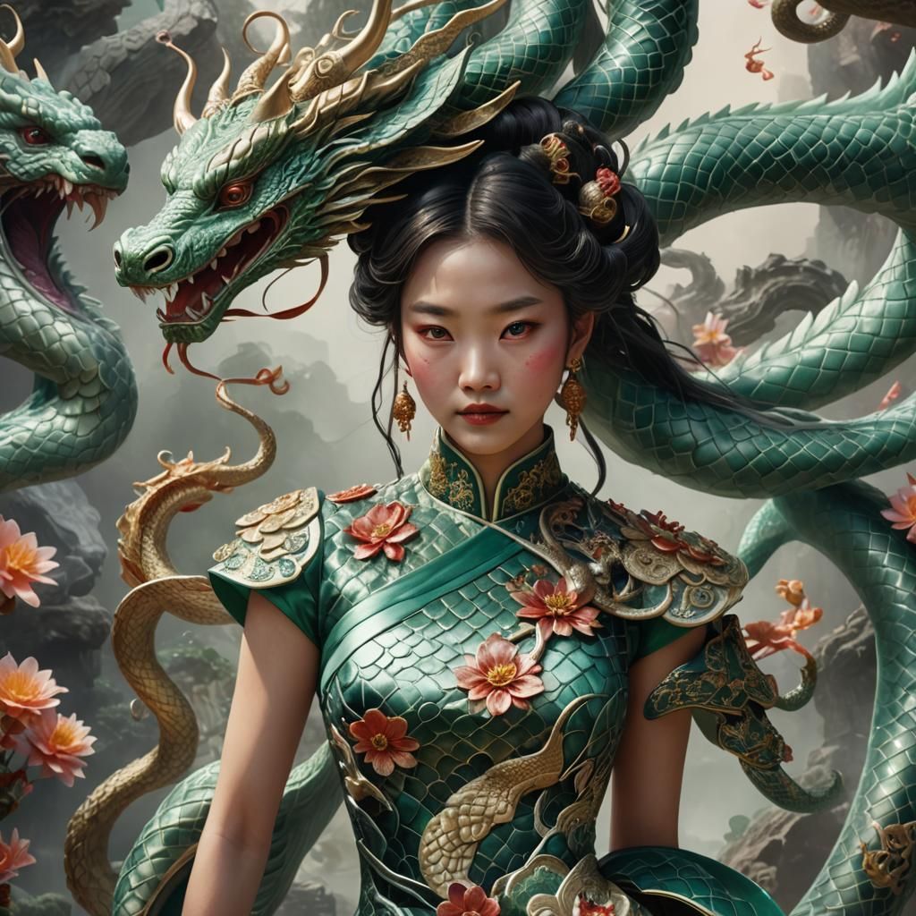 Humanoid Snake Figure with Dragon Scales in Cheongsam