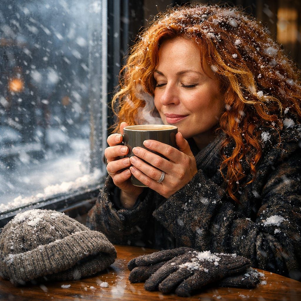 Woman Enjoys Coffee Break in Cozy Cafe
