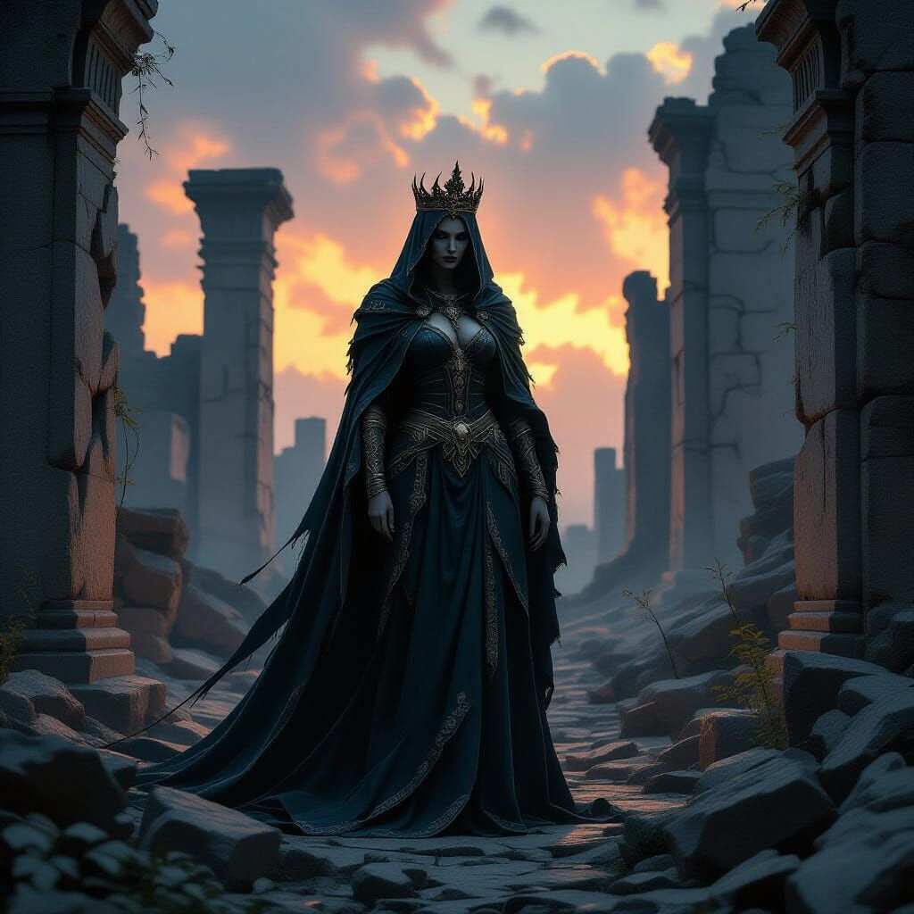 Ancient Queen in Ruined Civilization, Dark Fantasy Style